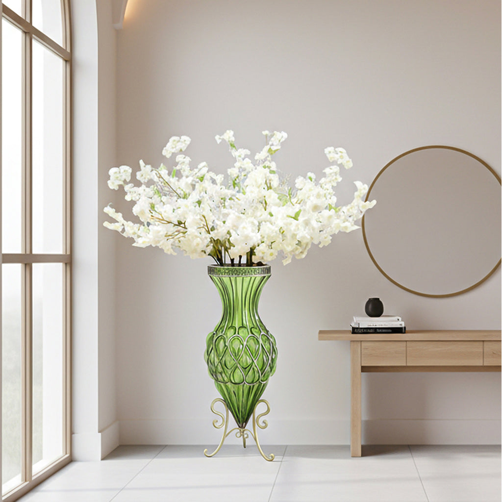67cm Green Glass Floor Vase with 10pcs White Artificial Flower Set