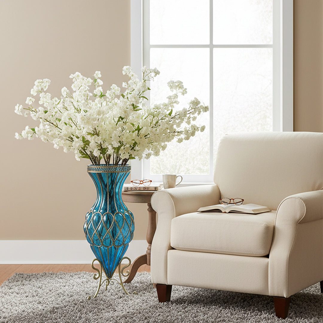 67cm Blue Glass Floor Vase with 10pcs White Artificial Flower Set