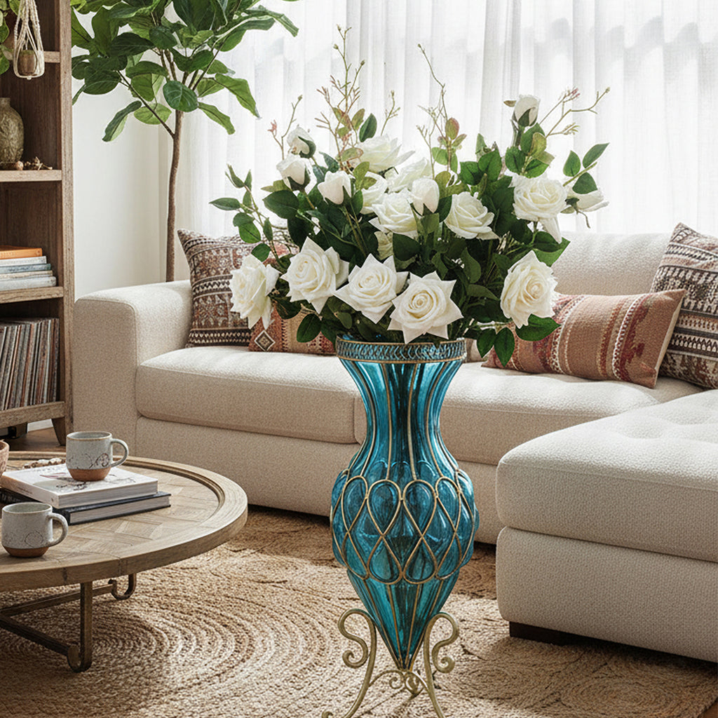 67cm Blue Glass Floor Vase and 12pcs White Artificial Flower Set