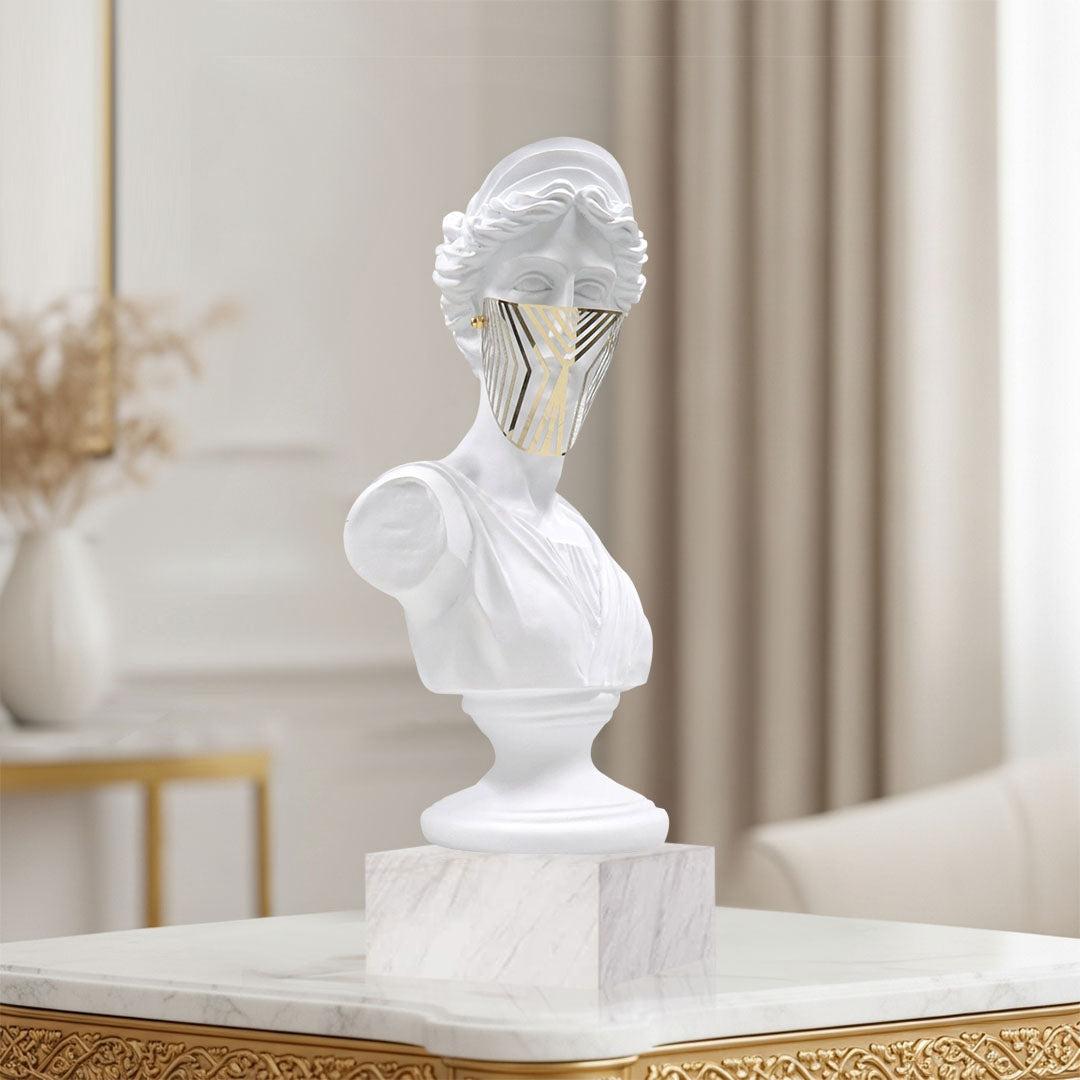 SOGA 45cm White Classical Bust Sculpture Resin with Gold Striped Mask for Modern Home Décor