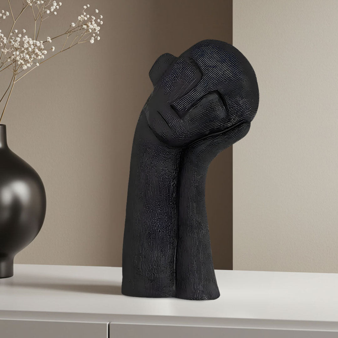 SOGA 38cm Black Minimalist Head Resin Sculpture with Hand at Side and Linear Texture for Home Décor