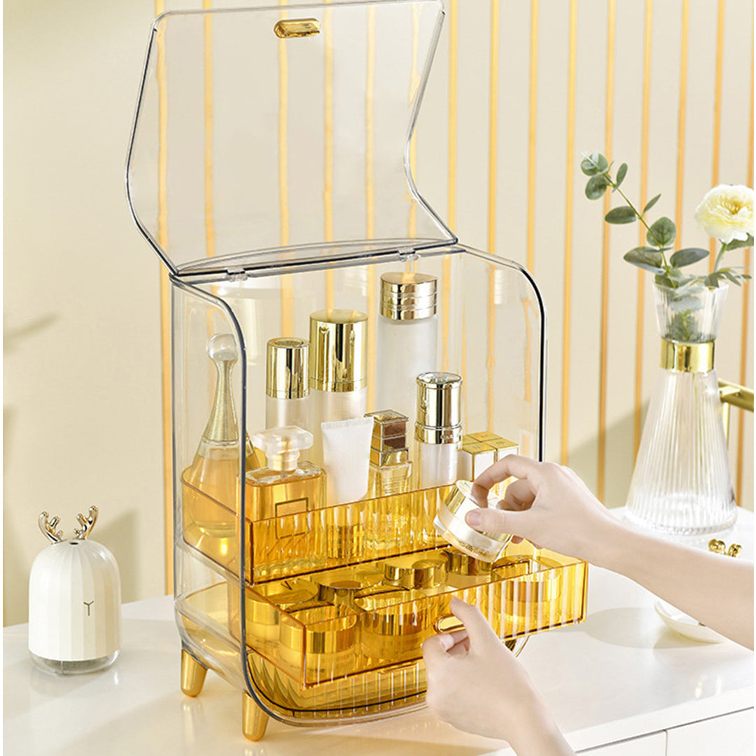 3 Tier Golden Yellow Multifunctional Countertop Cosmetic Storage Drawer Type Organiser