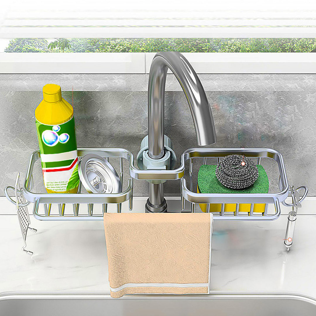 Silver Kitchen Sink Faucet Organiser with Towel Bar Holder