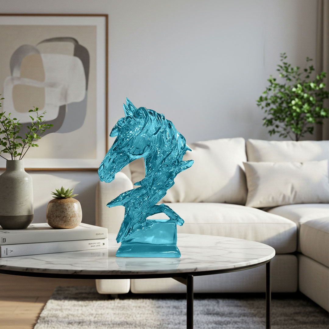 SOGA 37cm Blue Horse Head Resin Sculpture Flowing Mane Design Modern Art for Home Décor