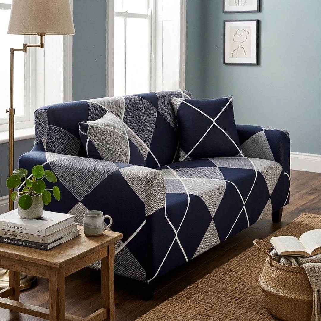 High Stretch 2-Seater Checkered Print Sofa Slipcover