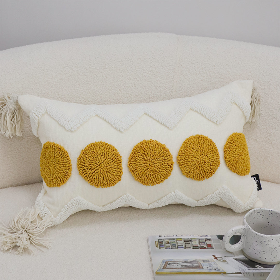 SOGA 30cm Cream Yellow Circle Pom Chevron Tassel Decorative Pillow