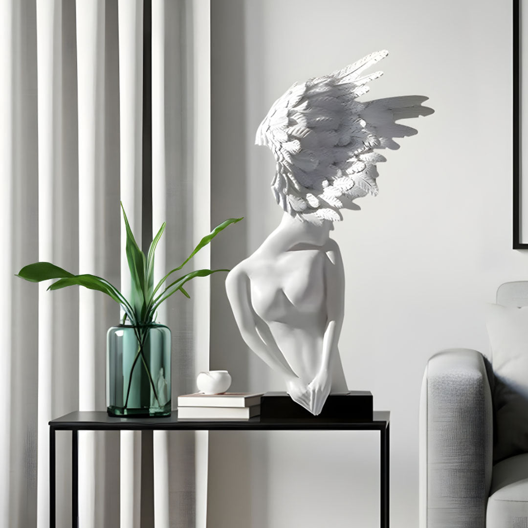 SOGA 86cm White Winged Figure Sculpture with Marble Base