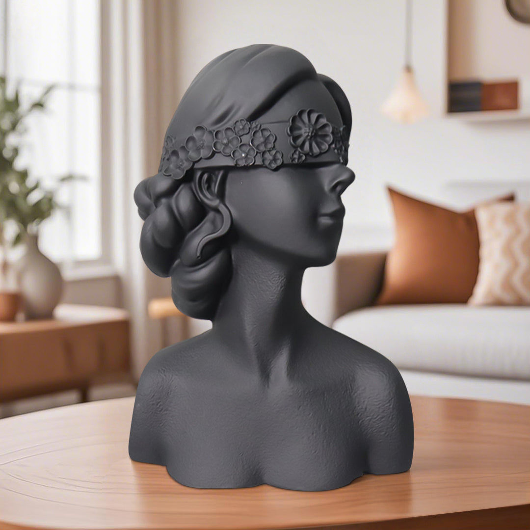 SOGA 36cm Black Resin Sculpture Blindfold Lady Bust Design for Home Décor