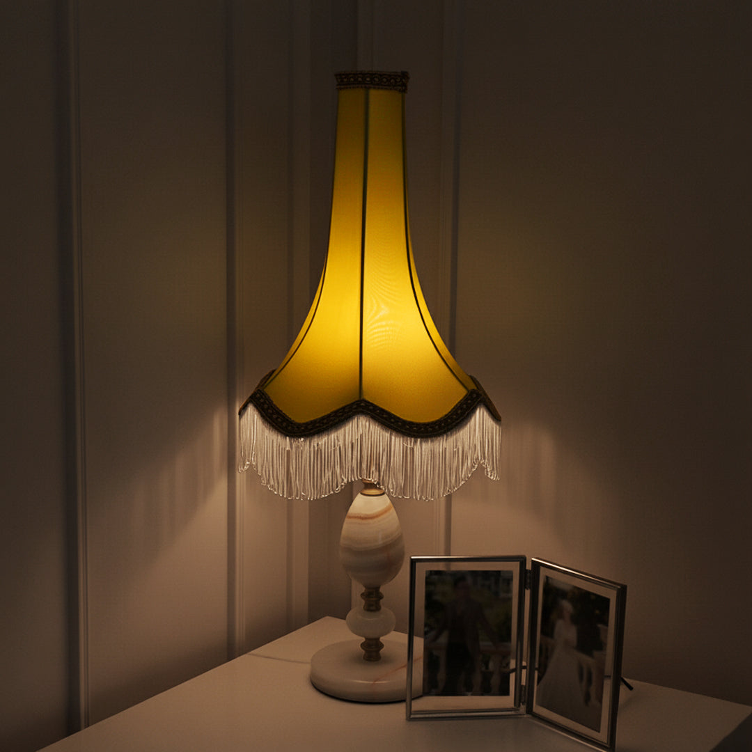 SOGA Jade Stone Base Table Lamp Vintage Yellow Shade Tassel Fringe Bedside Desk Light