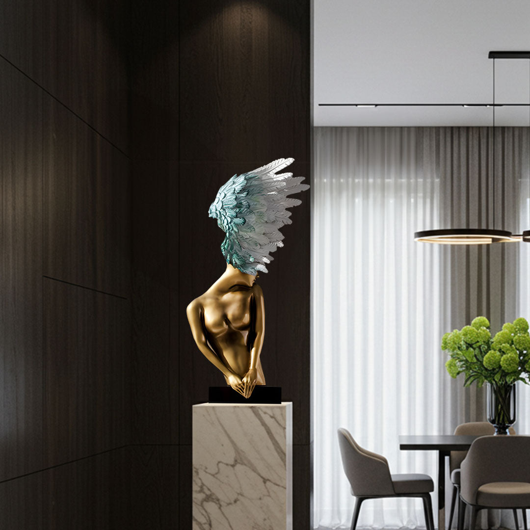 SOGA 86cm Gold Bronze Winged Figure Sculpture with Marble Base