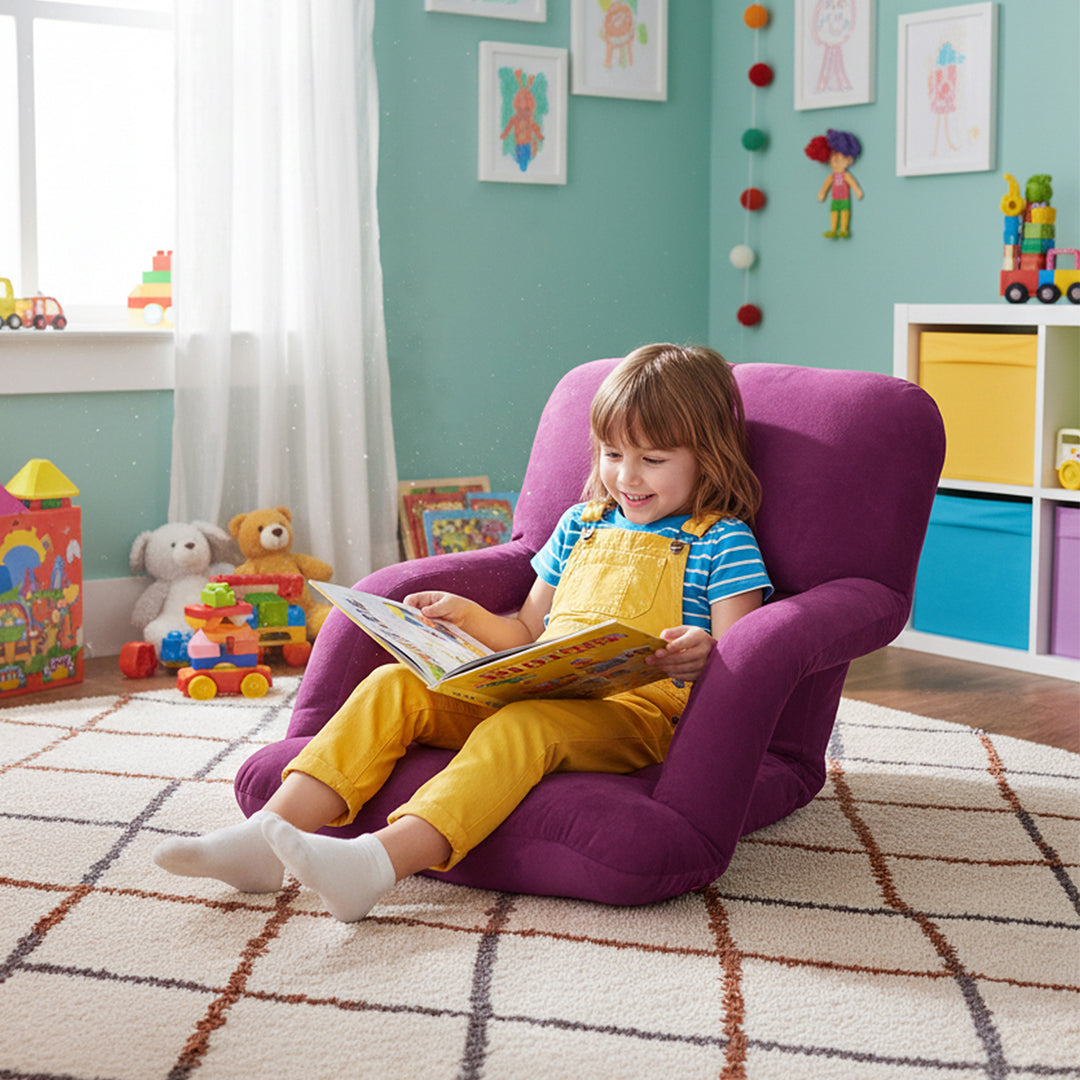 Foldable Floor Recliner Lazy Chair with Armrest - Magenta