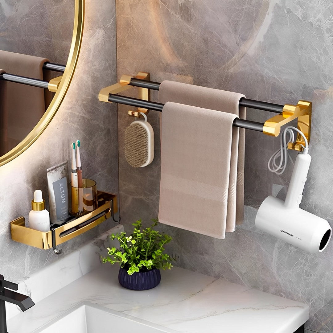 61cm Wall-Mounted Double Pole Towel Holder with Hooks