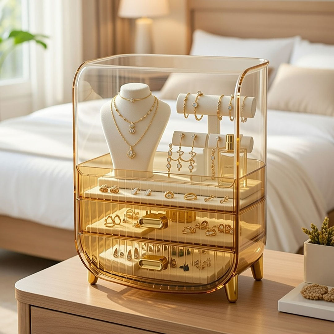 3 Tier Golden Yellow Multifunctional Countertop Cosmetic Storage Drawer Type Organiser