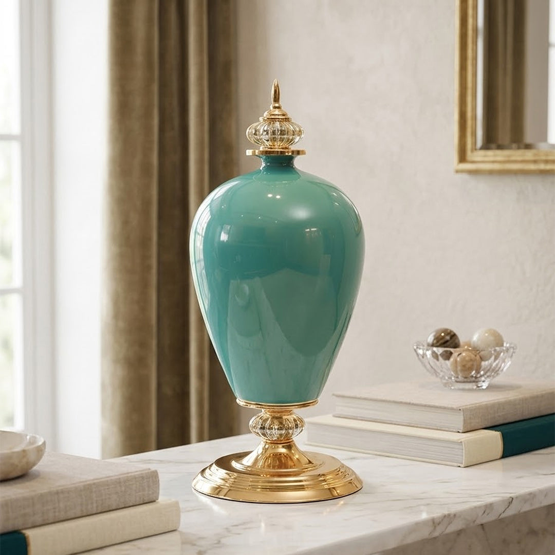 42cm Ceramic Vase with Gold Metal Base Green