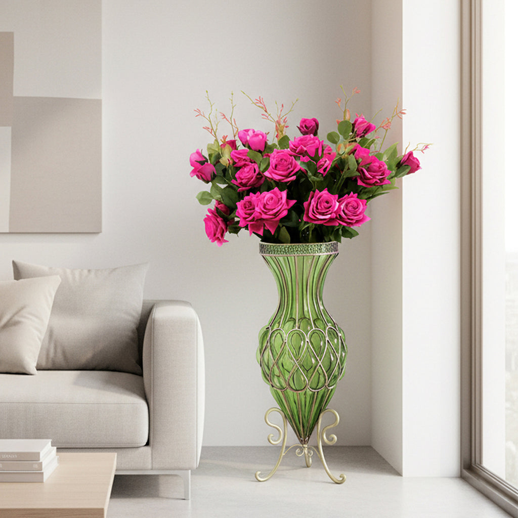67cm Green Glass Floor Vase and 12pcs Dark Pink Artificial Flower Set