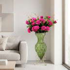 67cm Green Glass Floor Vase and 12pcs Dark Pink Artificial Flower Set