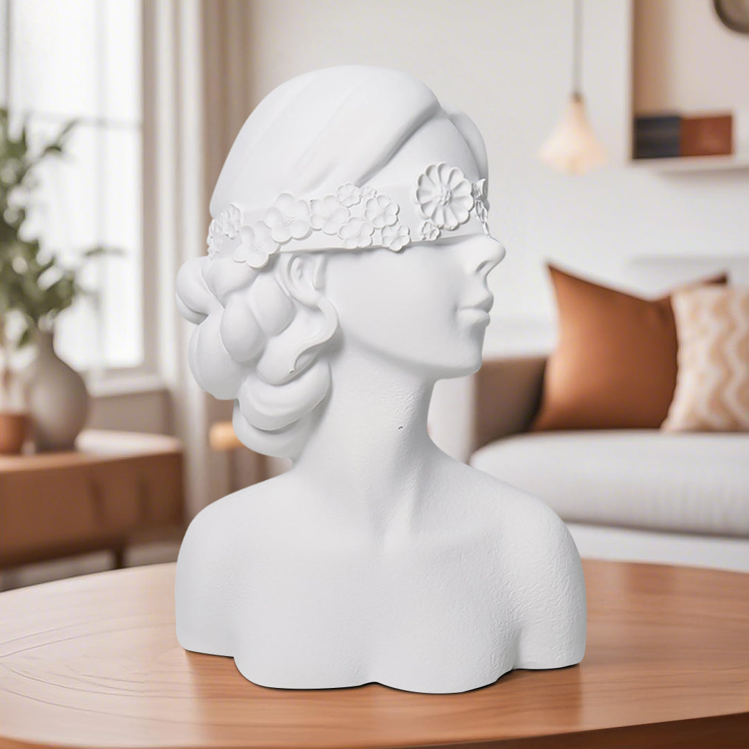 SOGA 36cm White Resin Sculpture Blindfold Lady Bust Design for Home Décor