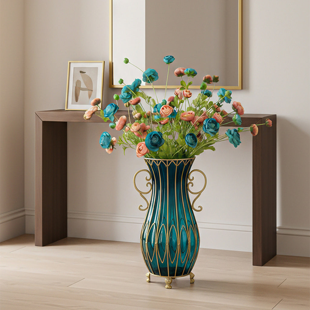 51cm Blue Glass Floor Vase with 12pcs Artificial Flower Set