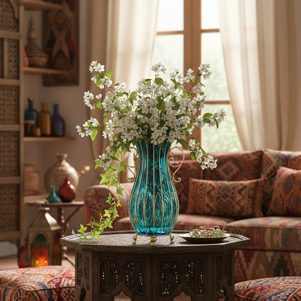 51cm Blue Glass Floor Vase with Metal Stand