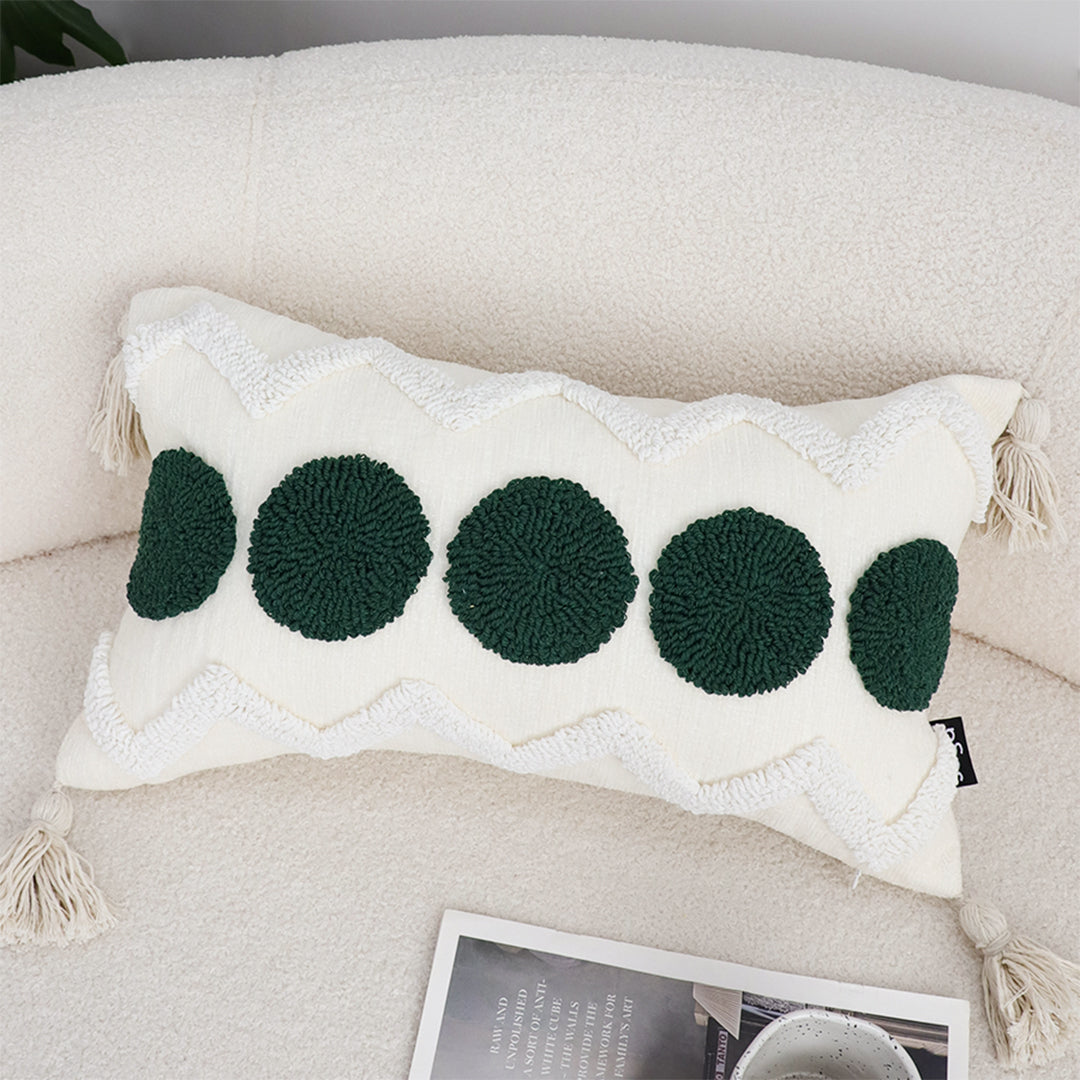 SOGA 30cm Cream Green Circle Pom Chevron Tassel Decorative Pillow