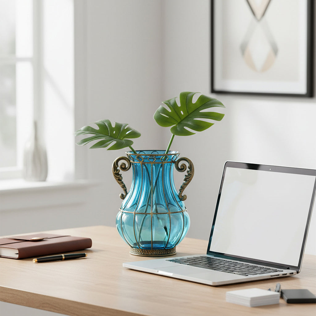 Blue European Glass Flower Vase with Two Metal Handle