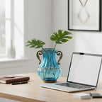 Blue European Glass Flower Vase with Two Metal Handle