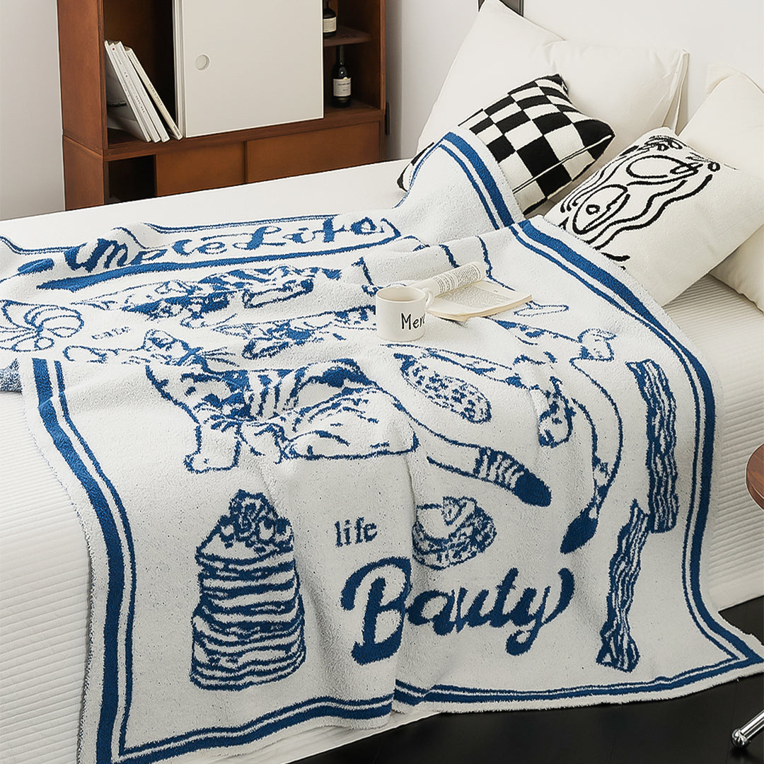 SOGA Off-White Cat Print Throw Blanket 130x160cm Polyester