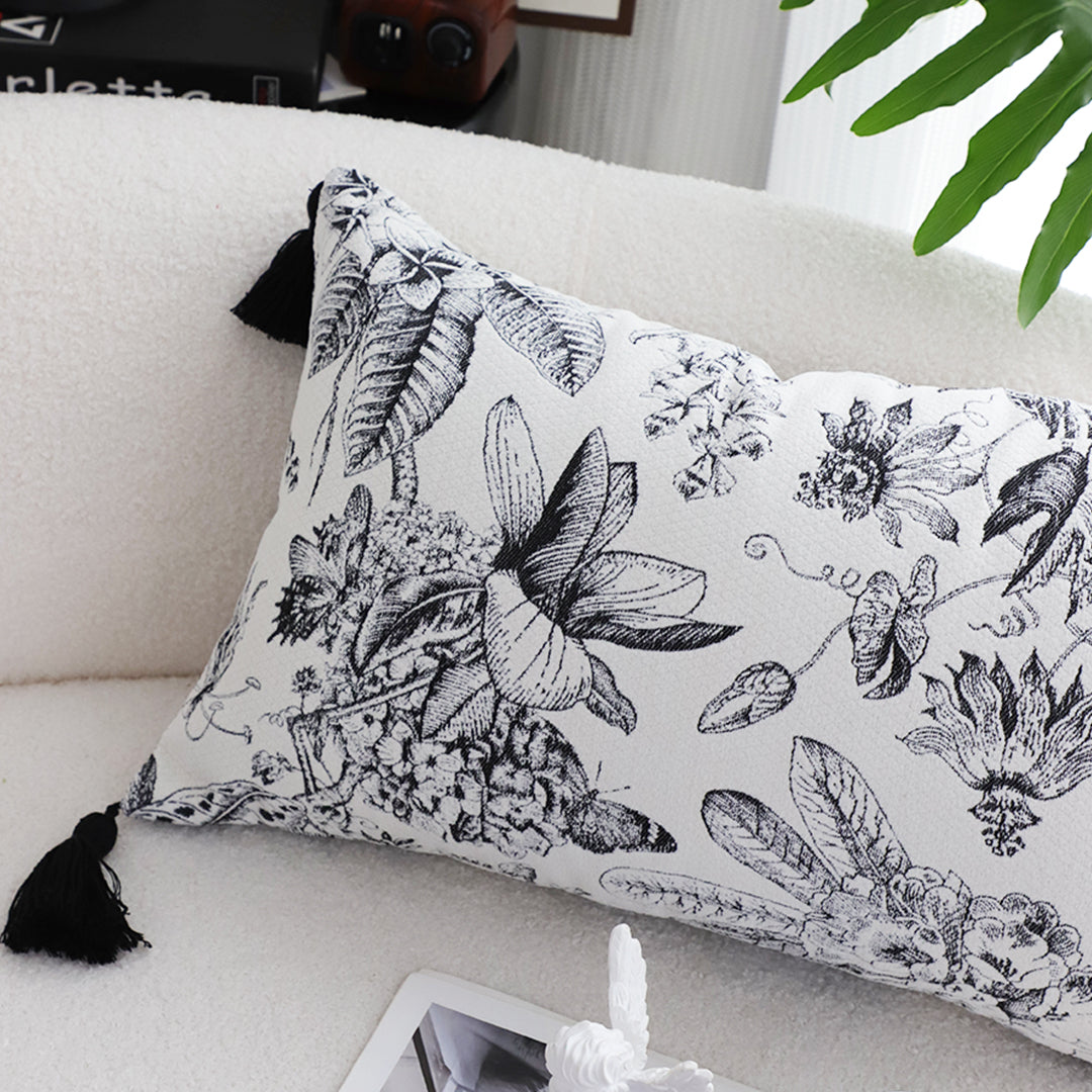 SOGA 35cm Throw Pillow  Black and White Floral Print Elegant with Tassel