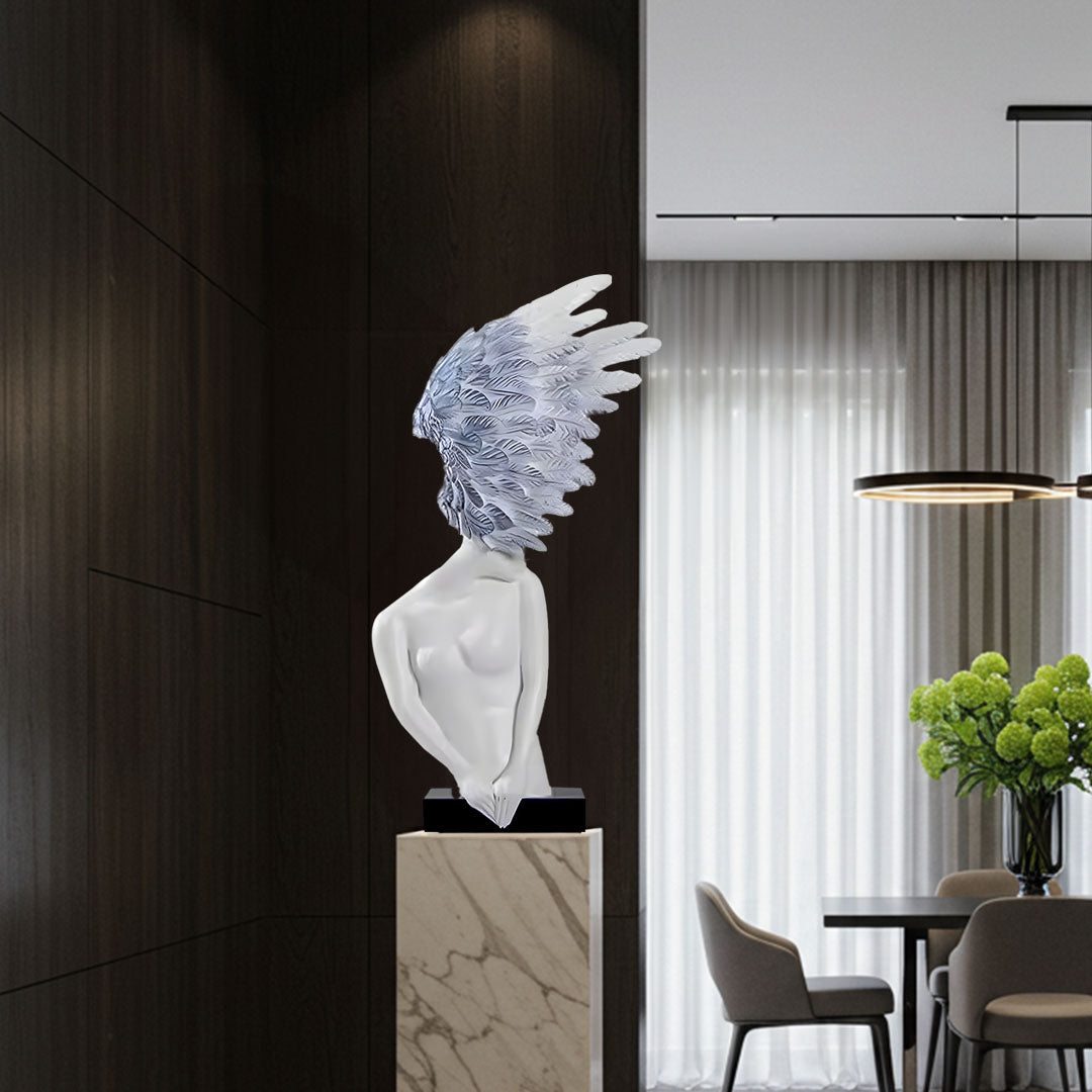SOGA 86cm White Blue Winged Figure Sculpture with Marble Base