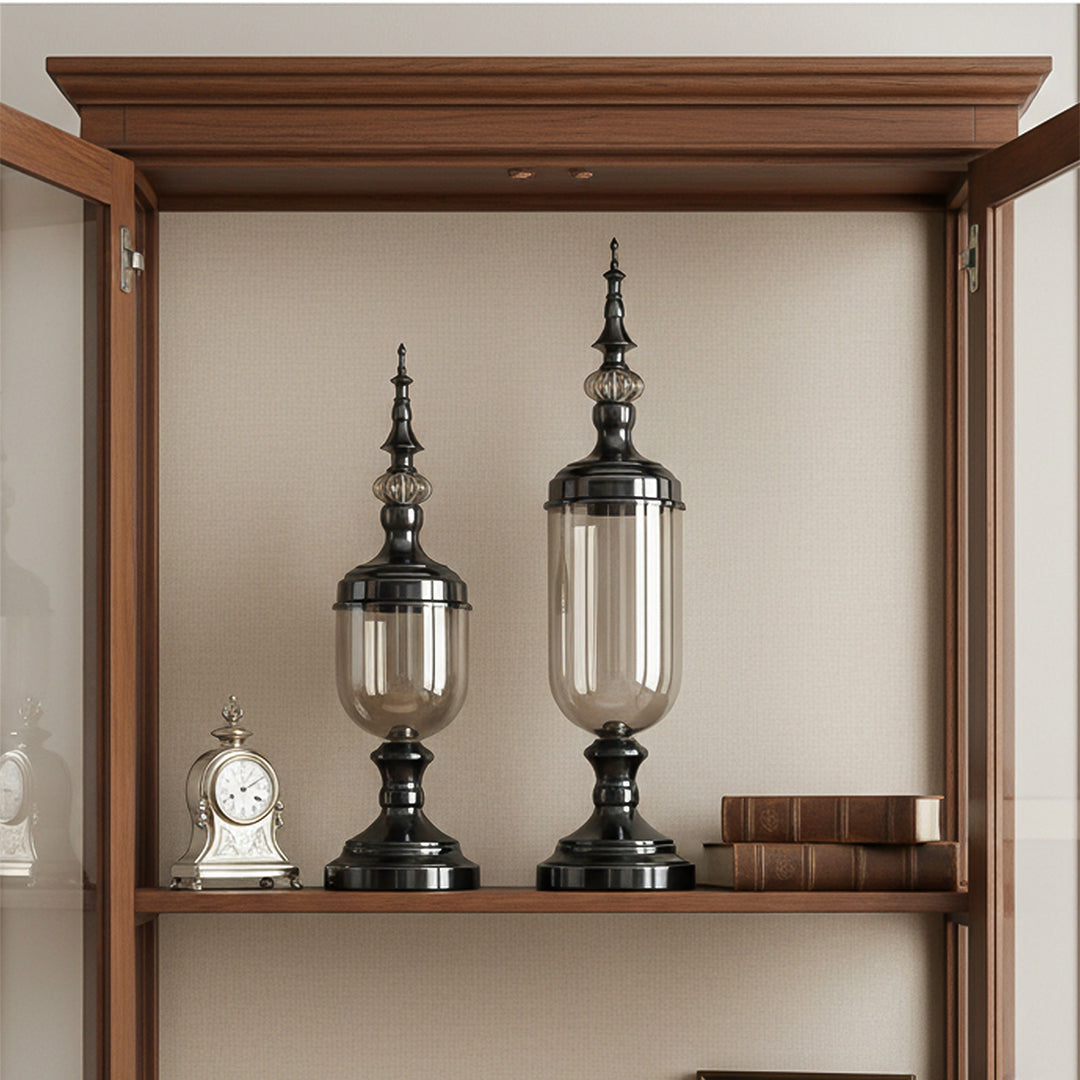 2x Clear Black Glass Vase with Lid Set