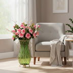 51cm Green Glass Floor Vase with 12pcs Pink Artificial Flower Set