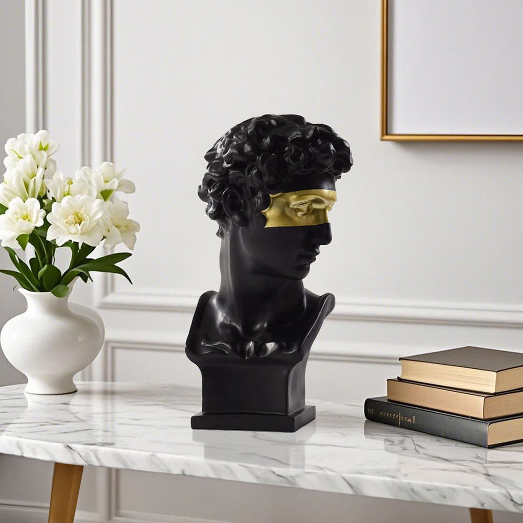 SOGA 56cm Black Resin Bust Sculpture Gold Masked Design Modern Art for Home Décor
