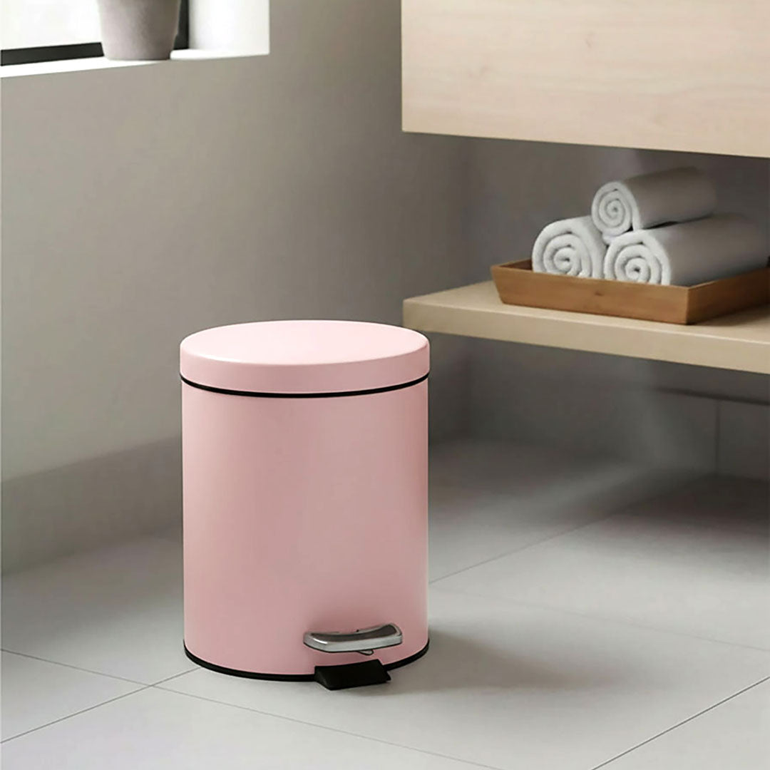 Foot Pedal Stainless Steel Trash Bin Round 12L Pink