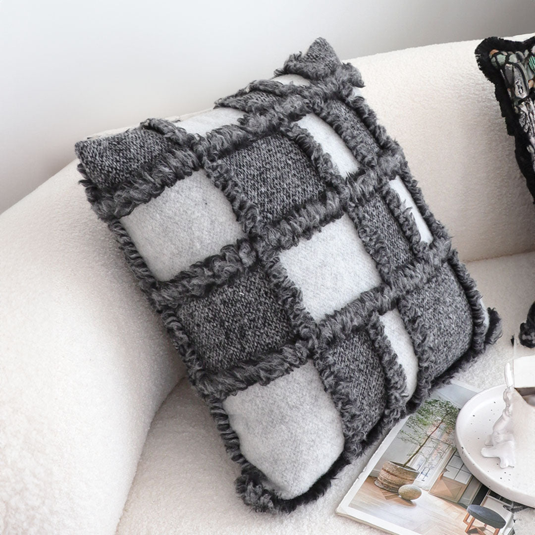 SOGA 50cm Bohemian Gray Fringe Checkerboard Textured Throw Pillow