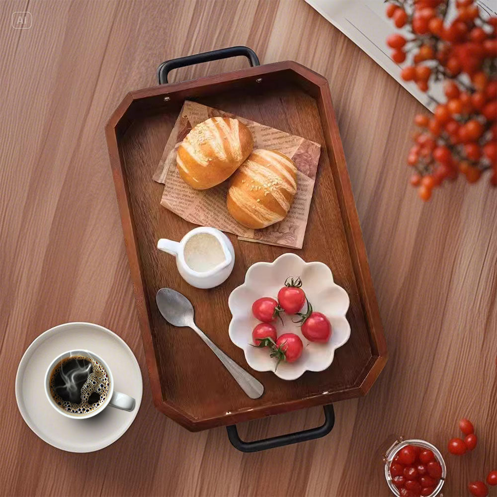 SOGA 39cm Brown Rectangle Wooden Serving Tray Metal Handles Kitchen