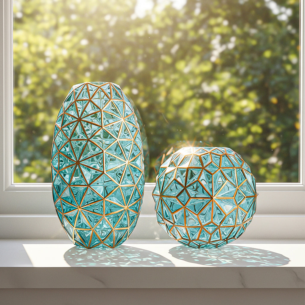 Green Diamond Cut Glass Flower Vase with Gold Accent