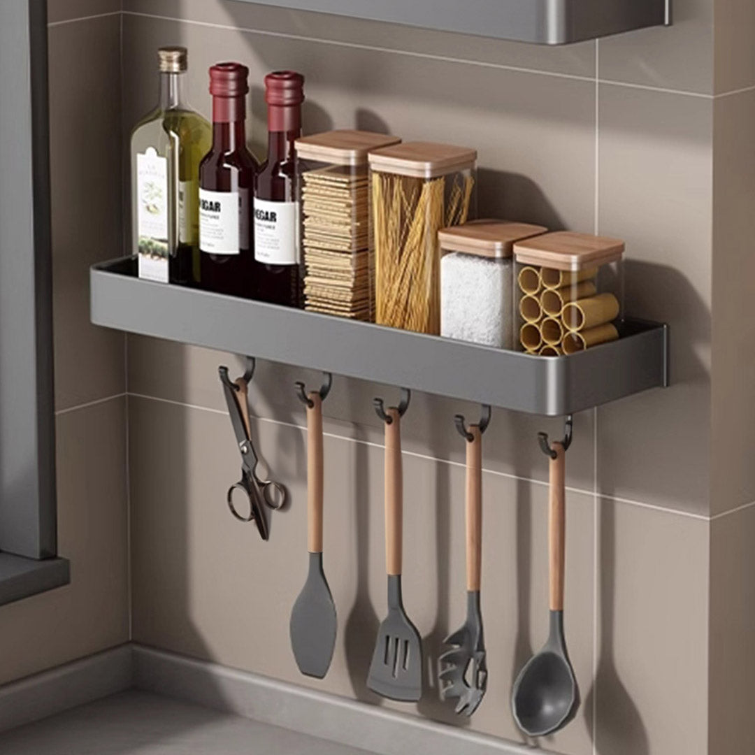 50cm Black Rectangular Kitchen Spice Rack with Hooks