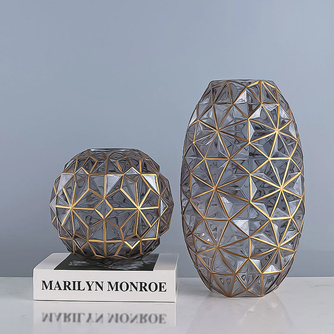 Grey Diamond Cut Glass Flower Vase with Gold Accent