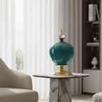 38cm Ceramic Vase with Gold Metal Base Green