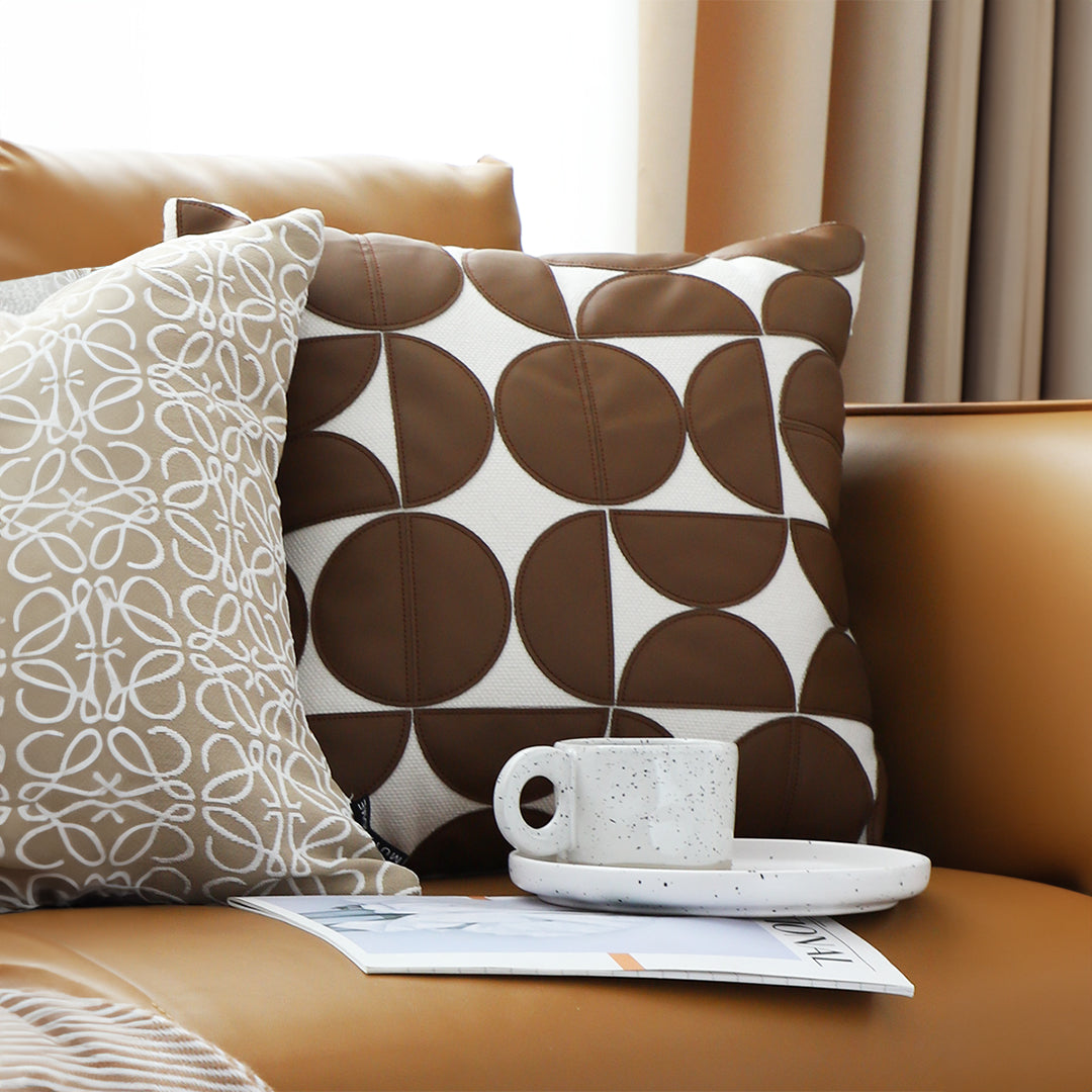 SOGA 45cm Brown Leather Square Pillow Half Moon Patchwork Design