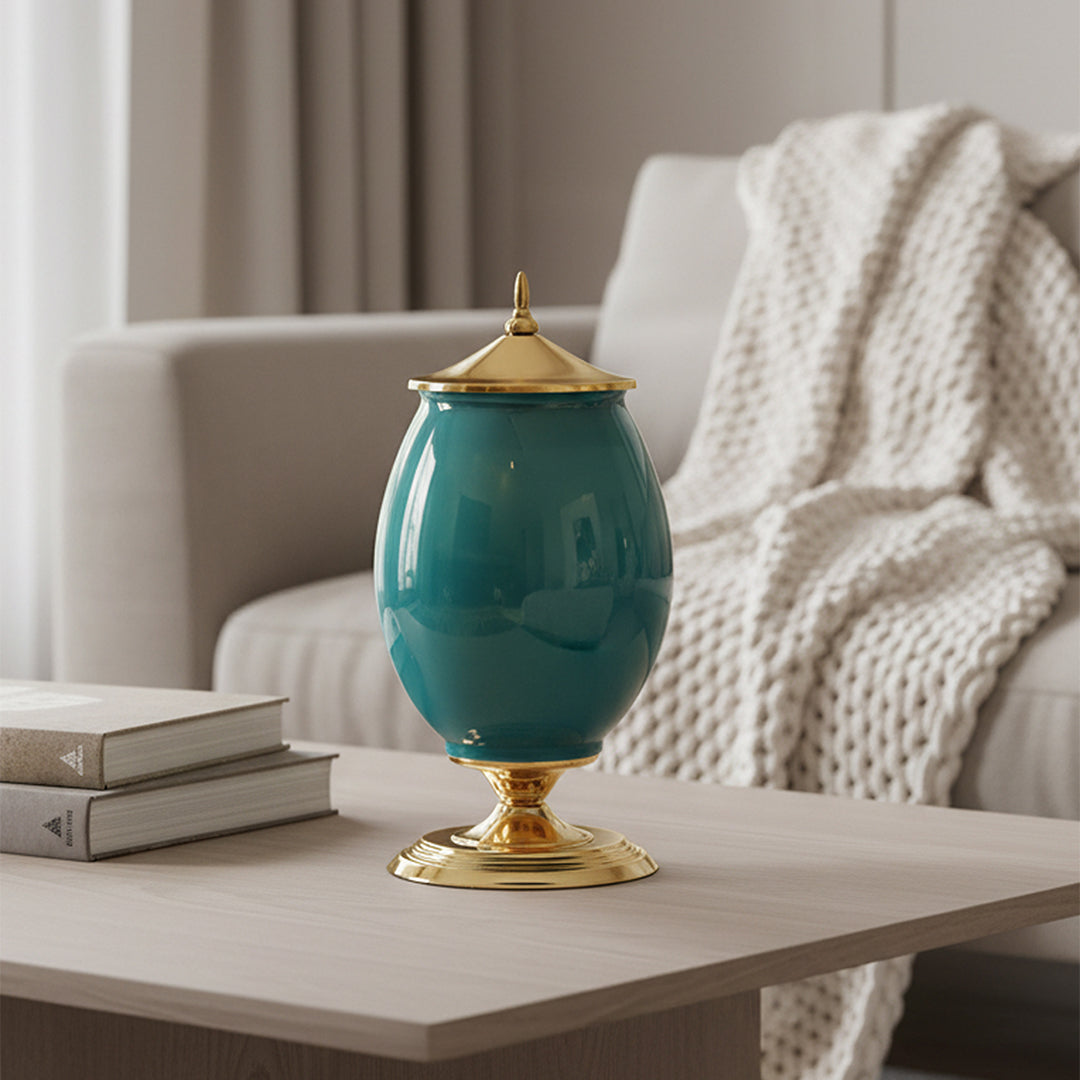 40cm Ceramic Vase with Gold Metal Base Green