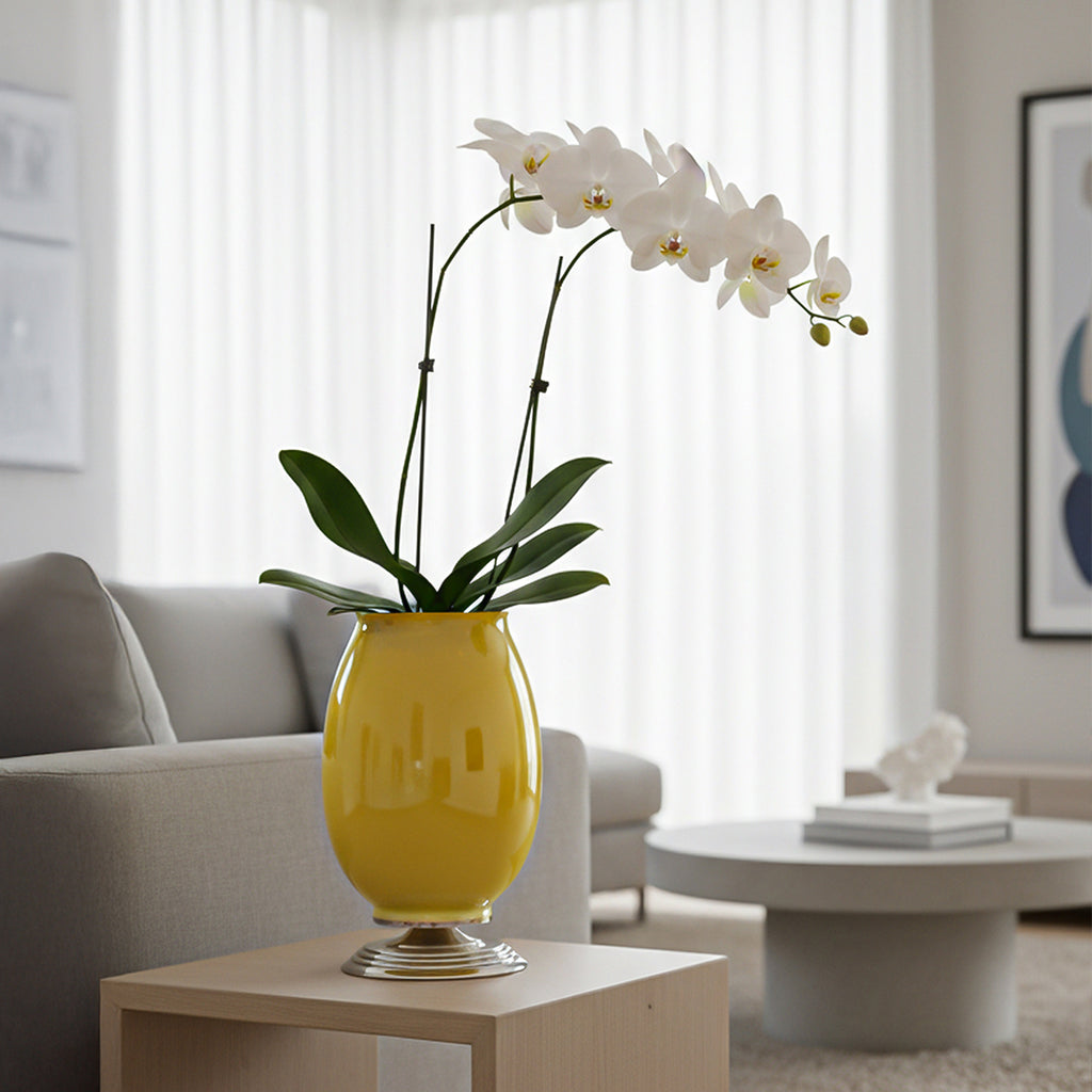 40cm Ceramic Vase with Gold Metal Base Yellow