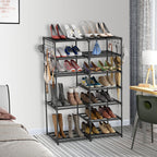 12-Shelf Tier Shoe Storage with Side Hooks Black