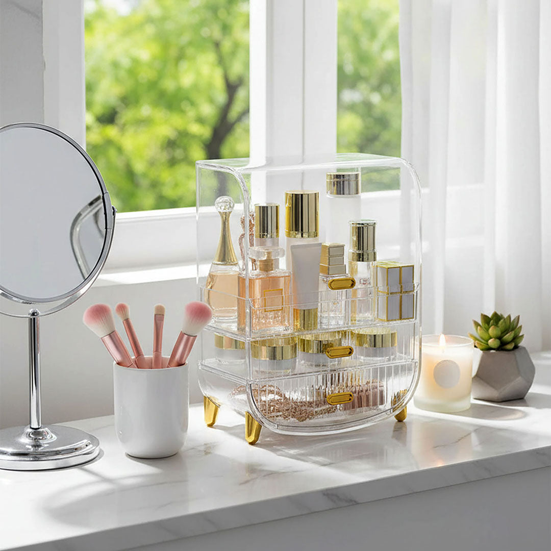 3 Tier Transparent Multifunctional Countertop Cosmetic Storage Drawer Type Organiser