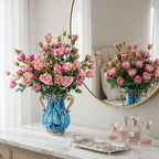 Blue Glass Flower Vase with 10 Bunch 6 Heads Artificial Silk Rose Set