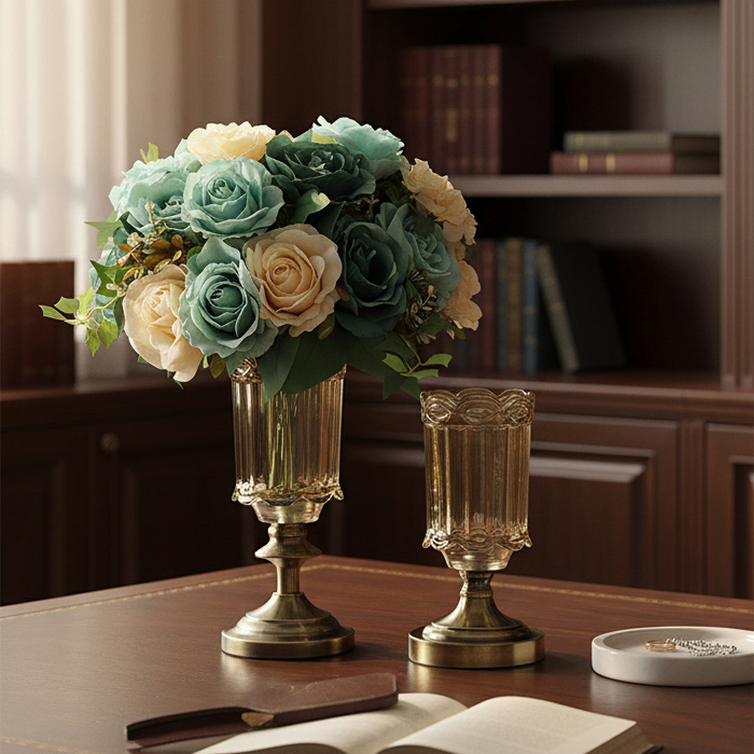 SOGA 25cm 28.5cm Transparent Glass Flower Vase with Blue Flower Set
