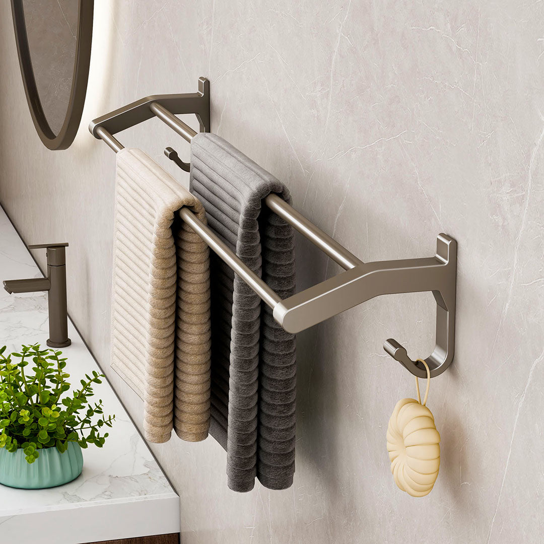 62cm Gray Wall-Mounted Double Pole Towel Holder with Hooks