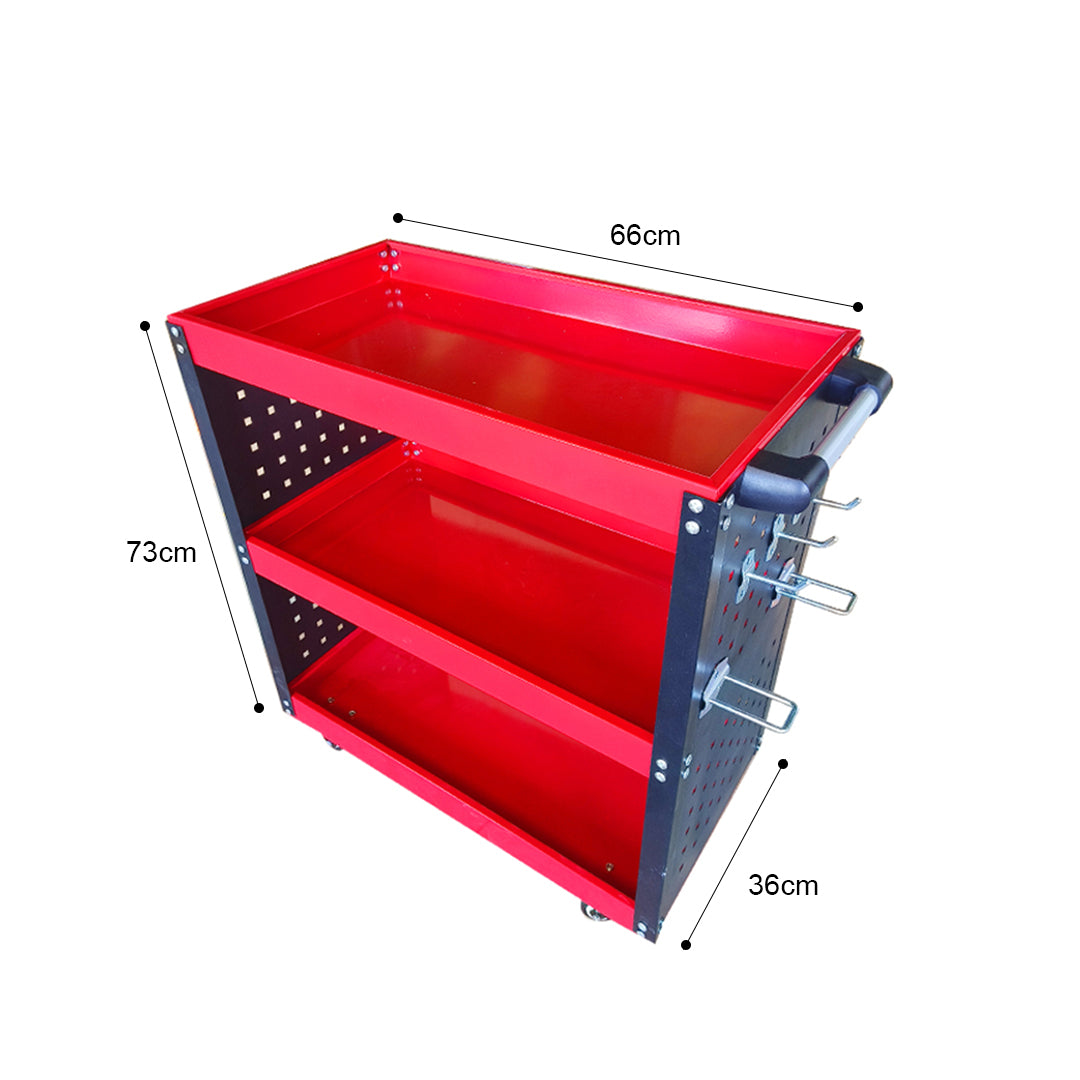 3 Tier Tool Storage Cart with Hooks Red
