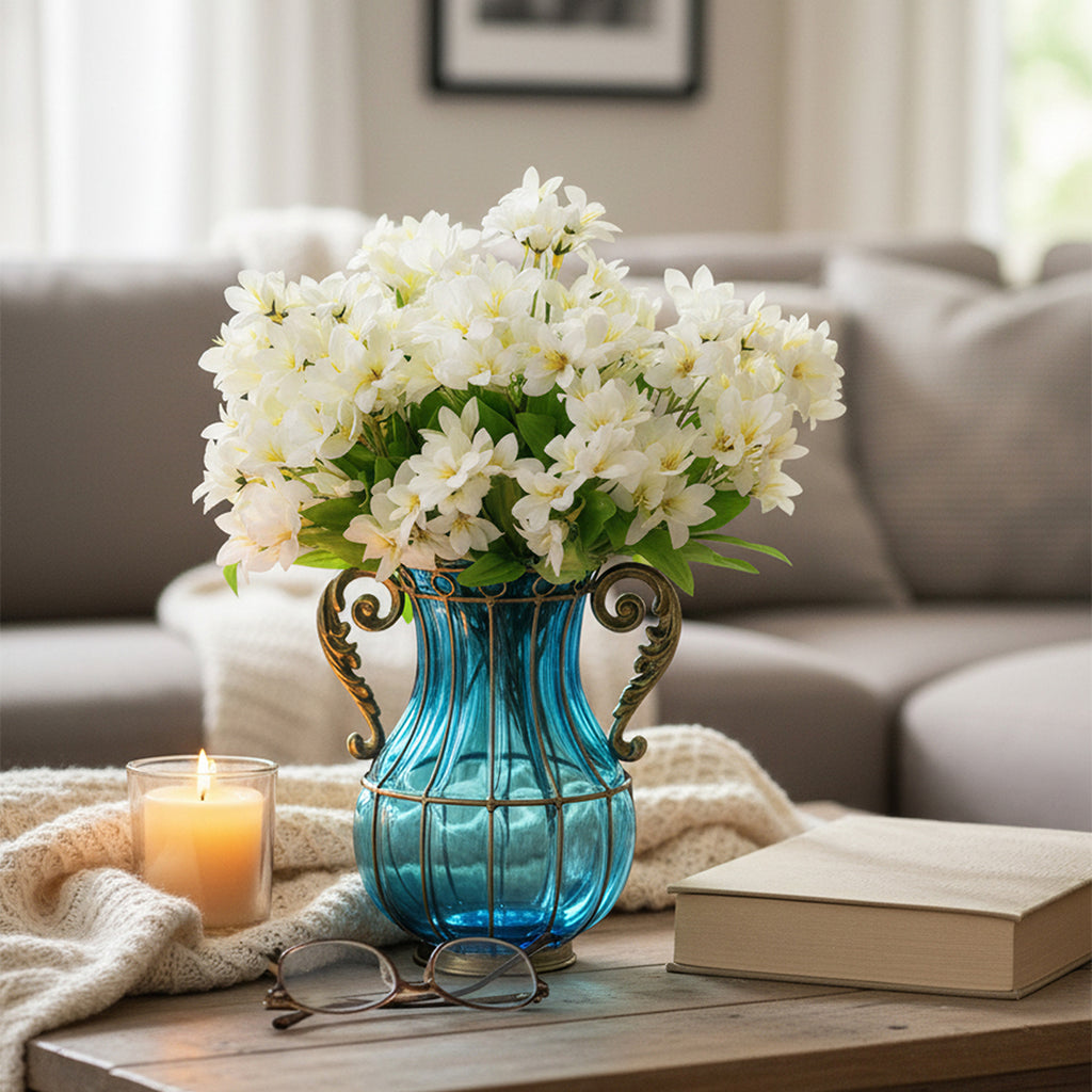 Blue Glass Flower Vase with 10 Bunch 6 Heads Artificial Silk Lilium nanum Set
