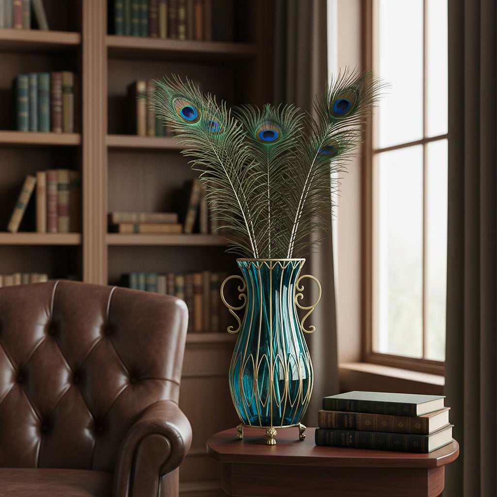 51cm Blue Glass Floor Vase with Metal Stand